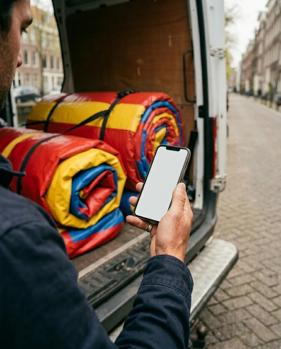 Bezorger met telefoon bij bestelbus met opgerolde springkussens